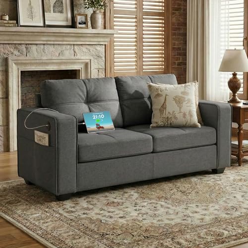 Image of 65 inch Grey Loveseat Sofa, Small Couch with USB and Wide Arms for Living Room | TYBOATLE, Small Love Seat Couch, 2 Seater Sofa, Tufted Mid-Century Design, USB Charging, Wide Arms, Bedroom, Dorm, Apartment