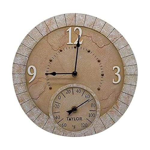 Taylor Terra Cotta Poly Resin Indoor and Outdoor Clock and Thermometer, Home Decor for Garden, Patio, Pool, and Indoor Areas, 14-inch, Multi-Color