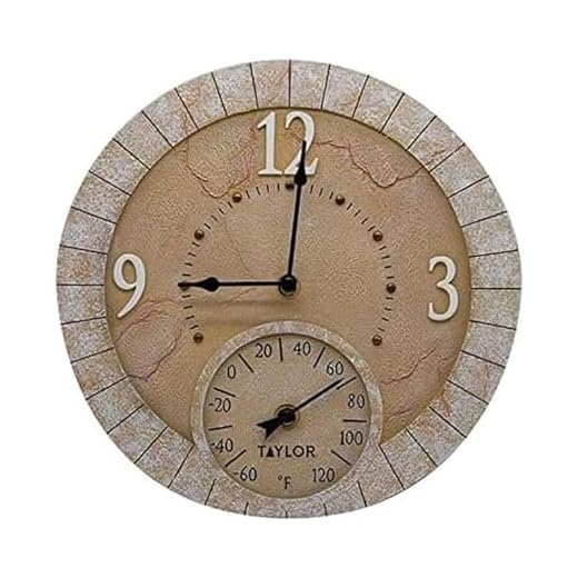 Taylor Terra Cotta Poly Resin Indoor and Outdoor Clock and Thermometer, Home Decor for Garden, Patio, Pool, and Indoor Areas, 14-inch, Multi-Color