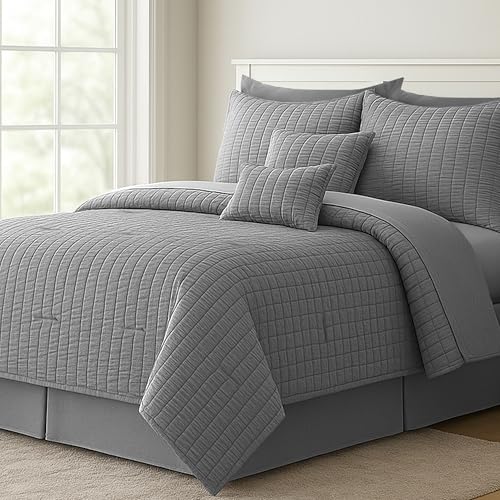 LUX Décor 10 Piece Comforter Set King (104X88), Seersucker Lightweight Comforter Set with Sheets, Bed in a Bag Bedding Set for All Seasons - Grey