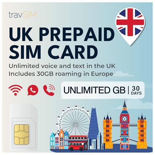 travSIM UK SIM Card | Datos Ilimitados + Llamadas y Textos Ilimitados | Velocidades 4G/5G | Funciona en Todo el Reino Unido | UK SIM Card es válida por 30 días