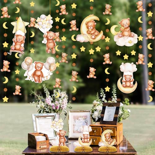 Image of Teddy Bear Party Decorations Cream Tan Brown Boho Star Moon Bear Hanging Cutout Garland Streamer for We Can Bearly Wait Birthday Party Supplies Home Wall Ceiling Decor