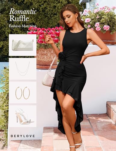 BeryLove Summer Wedding Guest Mesh Dresses Cocktail Formal Bodycon Ruffle Party High Low Dress4