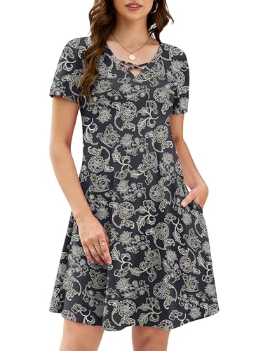 Image of KORSIS Women's Dresses Summer Casual T-Shirt Short Sleeve Criss Cross V Neck Swing Beach Vacation Sundress Dress with Pockets
