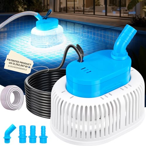 Upgraded Pool Cover Pump Above Ground - Submersible Water Sump Pump with LED Lights, Pool Cover Water Removal Pumps for Pool Draining with 16FT Drainage Hose & 25FT Power Cord, 850 GPH, 4 Adapters