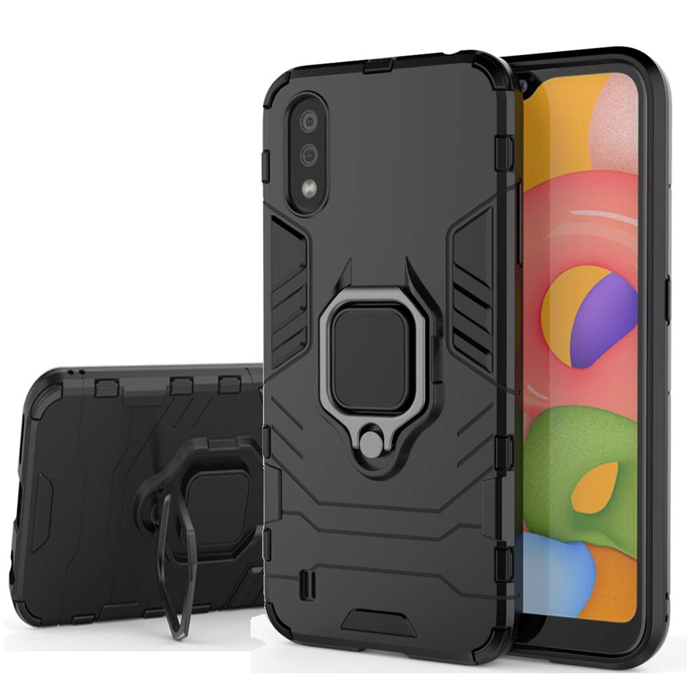 MRSTERUS Galaxy A01 Case,with Metal Ring Bracket Base Armour Magnetic Strong Cover Ultra-Thin Shock-Proof Hard Silicone Sleeve Hard PC Anti-Scratch Cover for Galaxy A01 (Black) KK