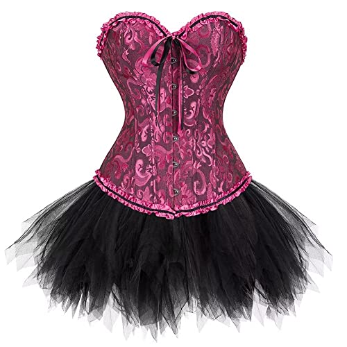 Josamogre Corset Femme Bustier avec Jupe Robe Tulle Sexy Lace Dentelle Floral Guêpière Lingerie Grande Taille Burlesque Rose Rouge 2XL