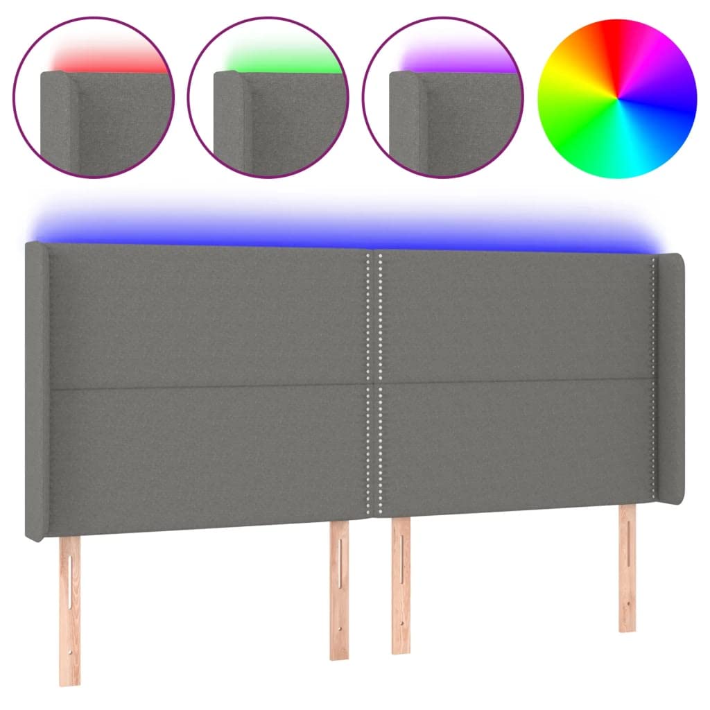 Zagłówek LED, ciemnoszary, 183 x 16 x 118/128 cm, materiał, regulacja wysokości, tapicerka, nowoczesny design, oddychający, trwały, do sypialni