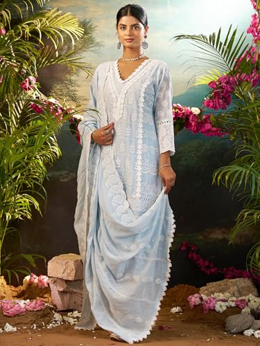 Image of INDO ERA Women's Straight Pure Cotton Ethnic Motifs Embroidered Kurta & Pant with Dupatta Set (IEOUT10190)