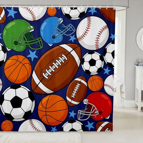 Feelyou Football Shower Curtain for Bathroom Decor Basketball Sports Bath Curtain for Stalls Bathtubs Baseball Gaming Bathroom Accessories Waterproof Polyester Fabric with 12 Hooks 72"x72"