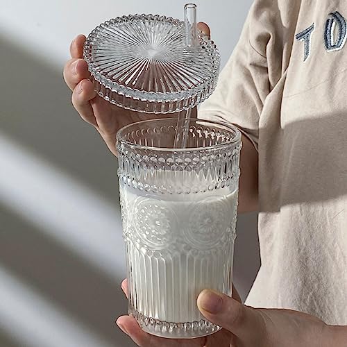ACOOH 13 oz Vertical Stripe Glass Cup,Striped Glass Cups with Lids and Straws Cute Stripes Iced Coffee Glasses Drinking Glasses for Water,Iced Coffee,Milk,Tea,Juice (Sunflower Cup)