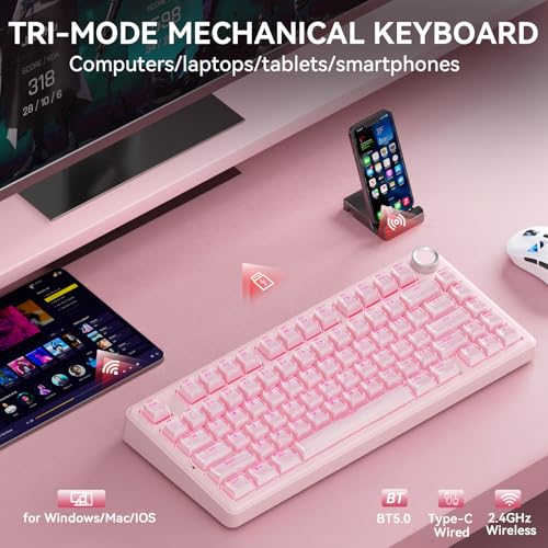Image of SOLAKAKA A75 Wireless Gaming Keyboard with Multifunction Knob, BT5.0 /2.4GHz /USB-C, 75% Mechanical Keyboard, Hot-Swappable, Gasket Creamy Keyboard with RGB Backlit, Crystal Keycaps, for PC /Mac /PC