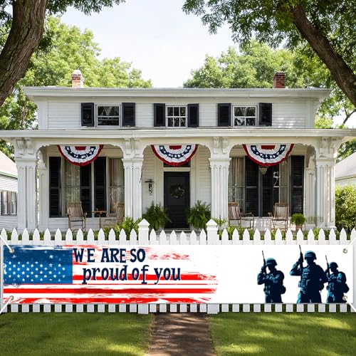 Image of BlissYard Patriotic Banner We Are So Proud of You Banner for Outside American Flag Military Banner 118 x 20 Inch 4th of July Welcome Home Veterans Decorations for Yard Fence Porch