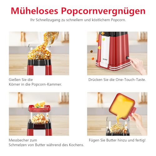 YASHE Popcornmaschine Retro, 1200 W Heißluft-Popcornmaschine mit Messbecher, One-Touch, Ölfrei, Perfekt für Heimkino, Filmabende, Partys