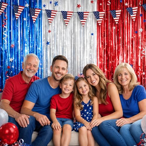 Image of Voircoloria 4 Pack Red White and Blue Foil Fringe Backdrop Curtains, Tinsel Streamers Party Decorations, Fringe Backdrop for Patriotic, Memorial Day, 4th of July, Independence Day