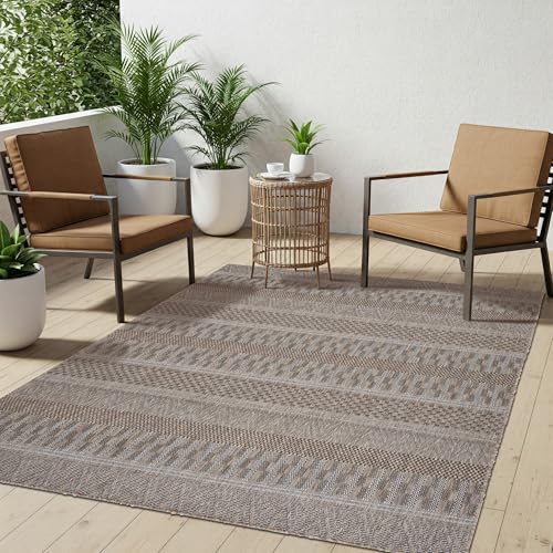 TAPISO Melissa Teppich Outdoor Braun Schwarz Grau Indoor Küche Flur Wohnzimmer Balkon Terrasse Modern Streifen Sisal Kurzflor ÖKO-TEX 200 x 290 cm