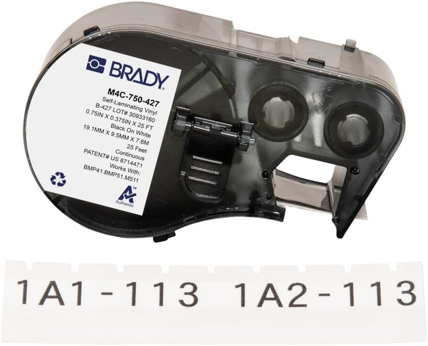 Brady Self-Laminating Vinyl Label Tape for Label Printer BMP41/BMP51/BMP53/M511 - Self Adhesive Printer Labels - Black on White, Transparent (19,05 mm (W) x 7,62 m (L)) - M4C-750-427