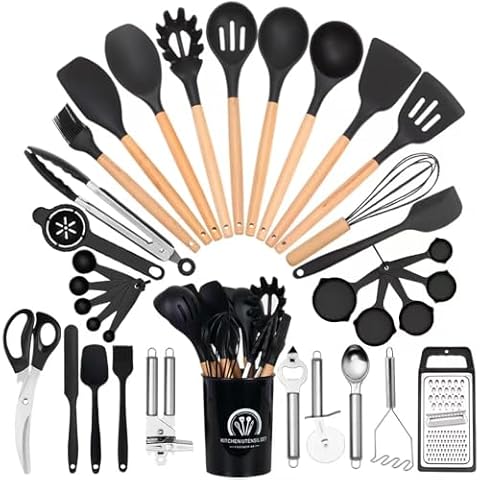 Vegoran Kitchen Utensils Set-34 Pcs,Silicone Cooking Utensils Set for Nonstick Cookware,446℉Heat Resistance Silicone Spatulas Set, Wood Handle-Kitchen Gadgets Tools (Black) Cover