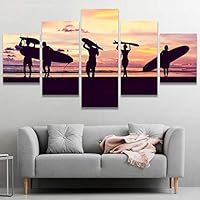 5 Panel Canvas Wall Art Silhouette of Surfer People Pictures Modern Artwork for Home Decorations Ready to Hang - 60