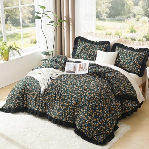 Image of Litanika Floral Ruffle Full Size Comforter Set, 3 Pieces Black Farmhouse Aesthetic Soft Lightweight Fluffy Bedding Comforter Sets for Girls Women, All Season (79x90In Comforter, 2 Pillowcases)