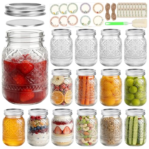 16oz Embossed Mason Jars 15-Pack with Airtight Lids and Bands