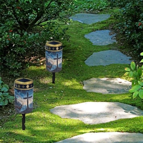 Image of Poceacles 2 Pieces Cross Solar Powered Outdoor Lights Cemetery Solar Candle Solar Memorial Lights Outdoor Waterproof Landscape Lights for Yard Patio Lawn Outdoor Home Decor, Deer Cross Galaxy Blue