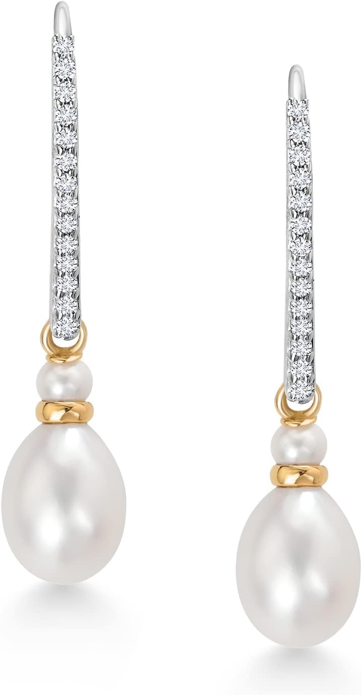 Gem Stone King 925 Sterling Silver and 10K Yellow Gold 9X7MM Cultured Freshwater Pearl and White Lab Grown Diamond Dangling Earrings with Leverback For Women