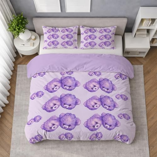 Dibujo Peluche Oso Juego de Funda Nórdica (C), Púrpura Suave Funda Nórdica, Ropa de Cama, en Microfibra Fina, Transpirable, Secado Rápido, para Todo el Año, Buen Acabado