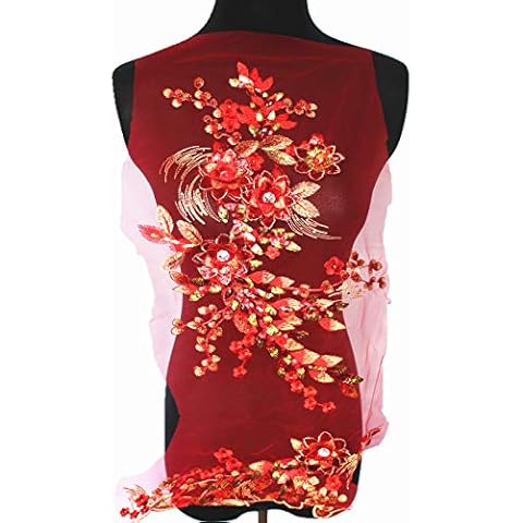 SUNMOVE Large Embroidery Rhinestone Sequin Applique Lace Flower Patch Net Trim Sewing Collar Patch Wedding Party Dress DIY (Red) Cover
