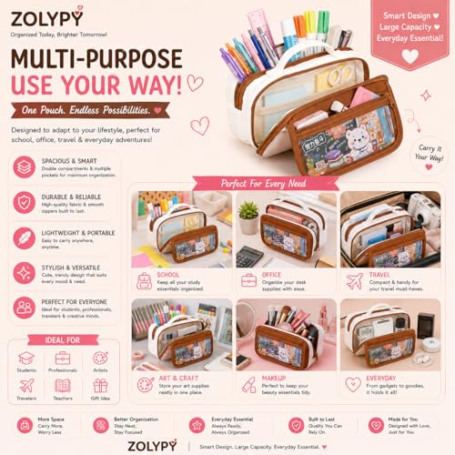 Image of Kawaii Cute Aesthetic Pencil Case for Girls & Boys | 3 Layer 6 Compartment Large Capacity Pencil Pouch with Zipper | Cartoon Stationery Organizer Bag for Students & Kids (Beige Brown)