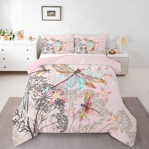 Feelyou Dragonfly Comforter Set Queen Size Dandelion Floral Bedding Set