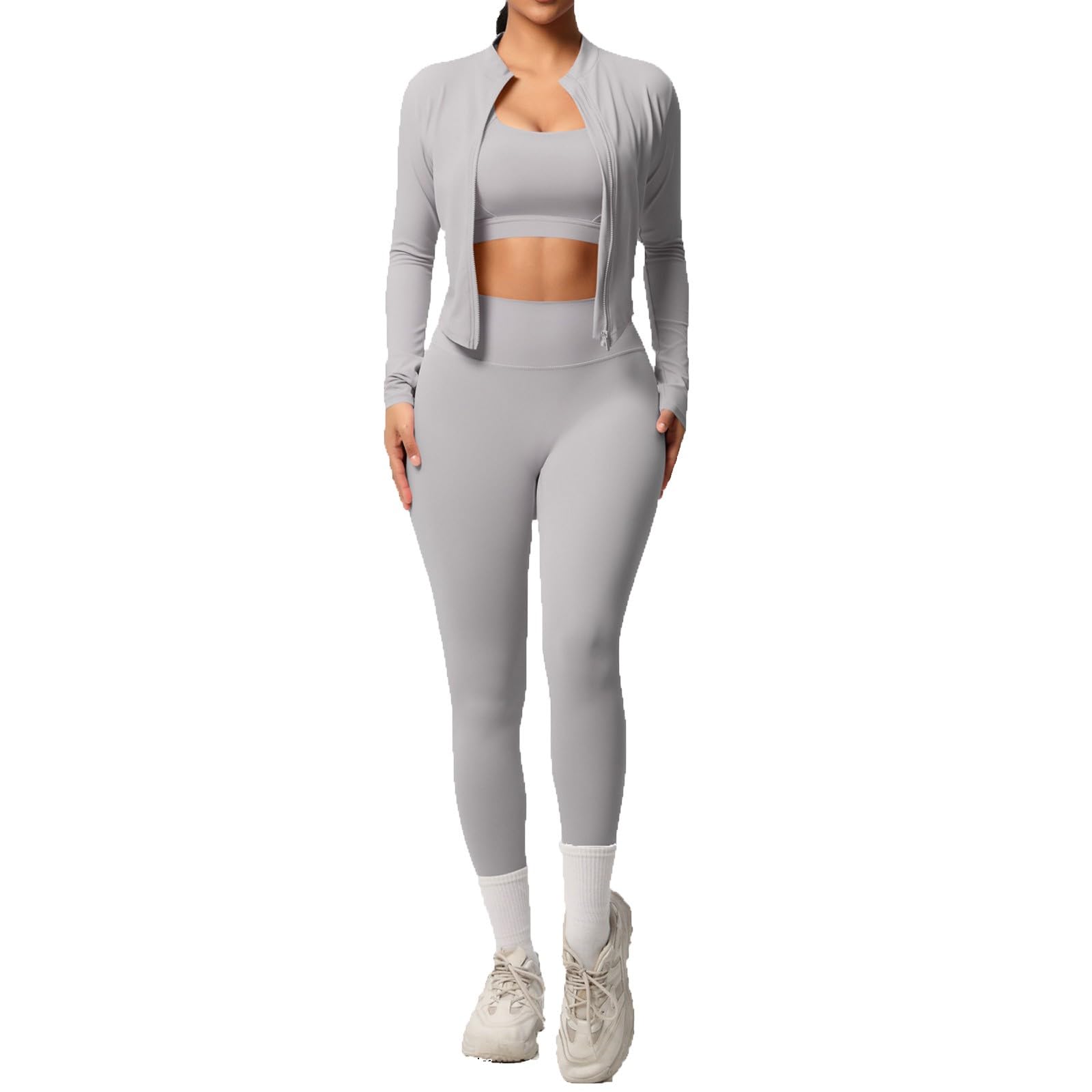 Traje de yoga para mujer de 3 piezas con chaqueta deportiva, chaqueta corta, leggings de manga corta, camiseta de tirantes, ropa deportiva, ropa deportiva a la moda, traje deportivo cómodo