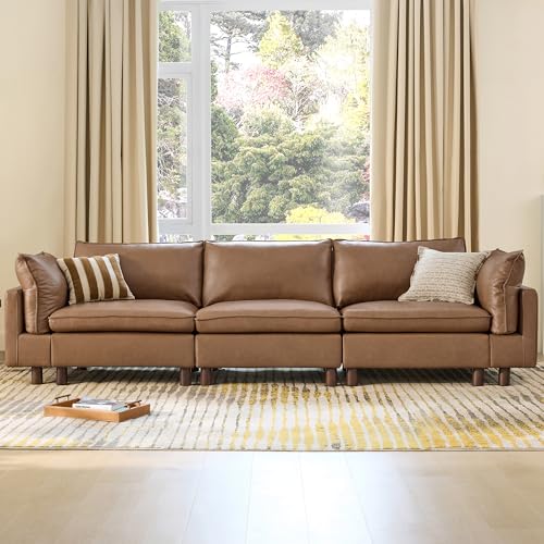 Image of CHITA 127 inch Super Large Sectional Couches for Living Room, Modular Cloud Couch Sectional Sofa, Premium Genuine Leather Sofa, Down Filled, High Density Foam, Real Leather in Saddle, 3 Seater