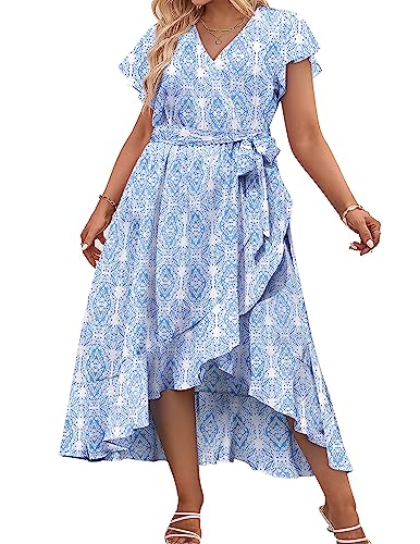 Image of IN'VOLAND Plus Size Womens Floral Summer Dress Casual Wrap V Neck Short Sleeve Belted Beach Bohemian Maxi Dress