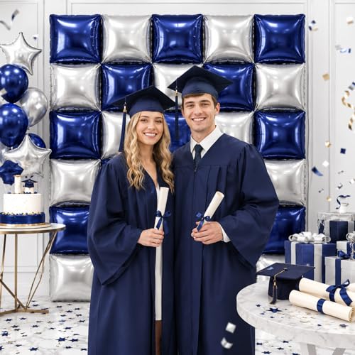 Image of Metallic Navy Blue and Silver Double Sided Square Foil Balloons Wall,19 Inches Chrome Foil Balloons Tunnel Arch Kit for Bachelorette, Anniversary, New Year,2026 Graduation,Birthday Party Decorations