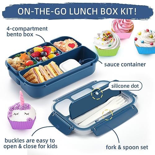 Image of QQKO Bento Box Adult Lunch Box, Lunch Containers for Adults Men Women, Kids Lunch Boxes for School with 4 Compartments, Sauce Container, Utensils and Muffin Cups, Navy