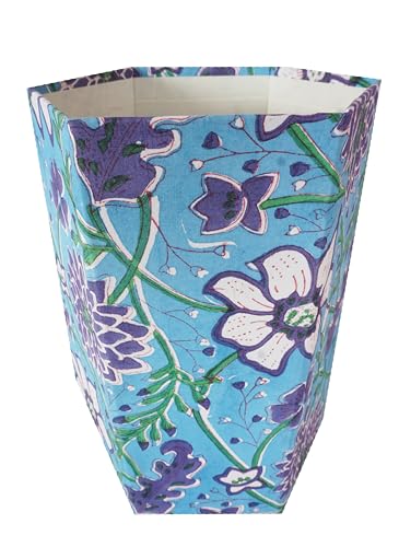 Image of Floral Hand Block Printed 3.3 Gallon Decorative Waste Basket - Eco-Friendly Cardboard Trash Can, Plastic-Free & Sustainable, Perfect for Christmas and Housewarming Gifts (1, Green Sky Blue FLOWAR)