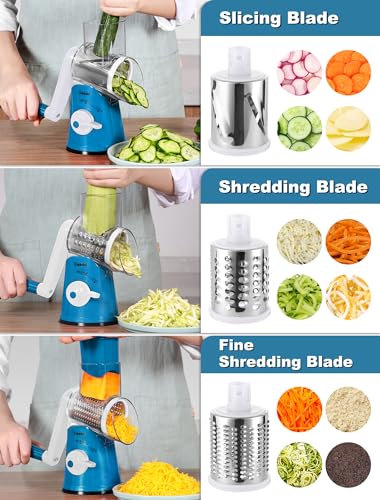 Image of Geedel Rotary Cheese Grater Cheese Shredder - Upgraded 5-in-1 Cheese Grater with Handle and Strong Suction Base, Multi-purpose Vegetable Slicer Ice Shaver Nuts Grinder for Cheese, Vegetables, Ice