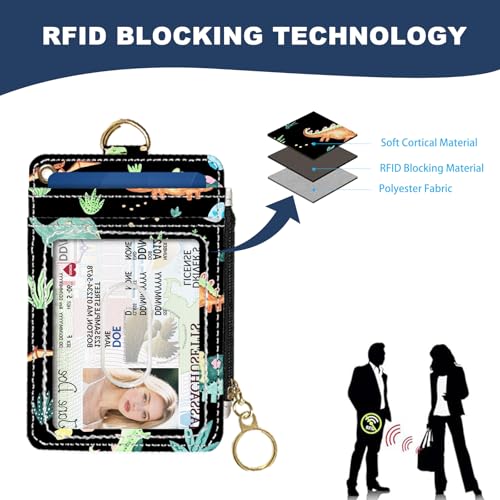 Image of Slim Wallet Credit Card Holder, Dinosaurs, RFID Wallet Women Cute Small Front Pocket Wallet With Zipper, PU Leather Thin travel RFID Blocking Card Case ID Window ,Ladies Gifts