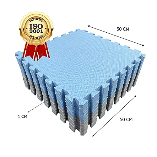 Kit 9 Tapete Tatame Eva + Bordas de Acabamento Loja da Maria 50x50x1cm 10mm Azul claro e Cinza Claro