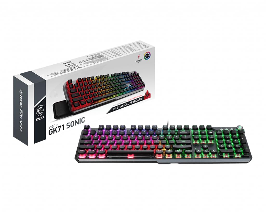 MSI Vigor GK71 Sonic Red FR Clavier Gaming Mécanique, AZERTY, Disposition FR, switches Sonic Red, Touches ClearCaps, raccourcis multimédia, Repose-Poignets, Mystic Light, USB 2.0