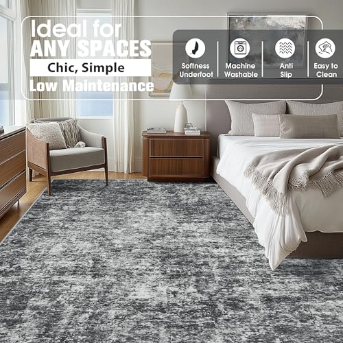 10x14 Area Rugs for Living Room Rug Washable: Abstract Large Rug Indoor Modern Carpet Non Slip for Dining Room Bedroom Nursery Home Office Black Grey