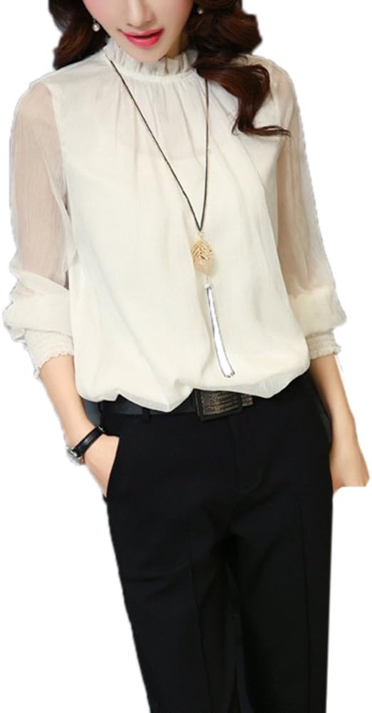 Womens Casual Chiffon Shirt Network Yarn Lotus Leaf Long Sleeve Blouse Tops (XL, White)