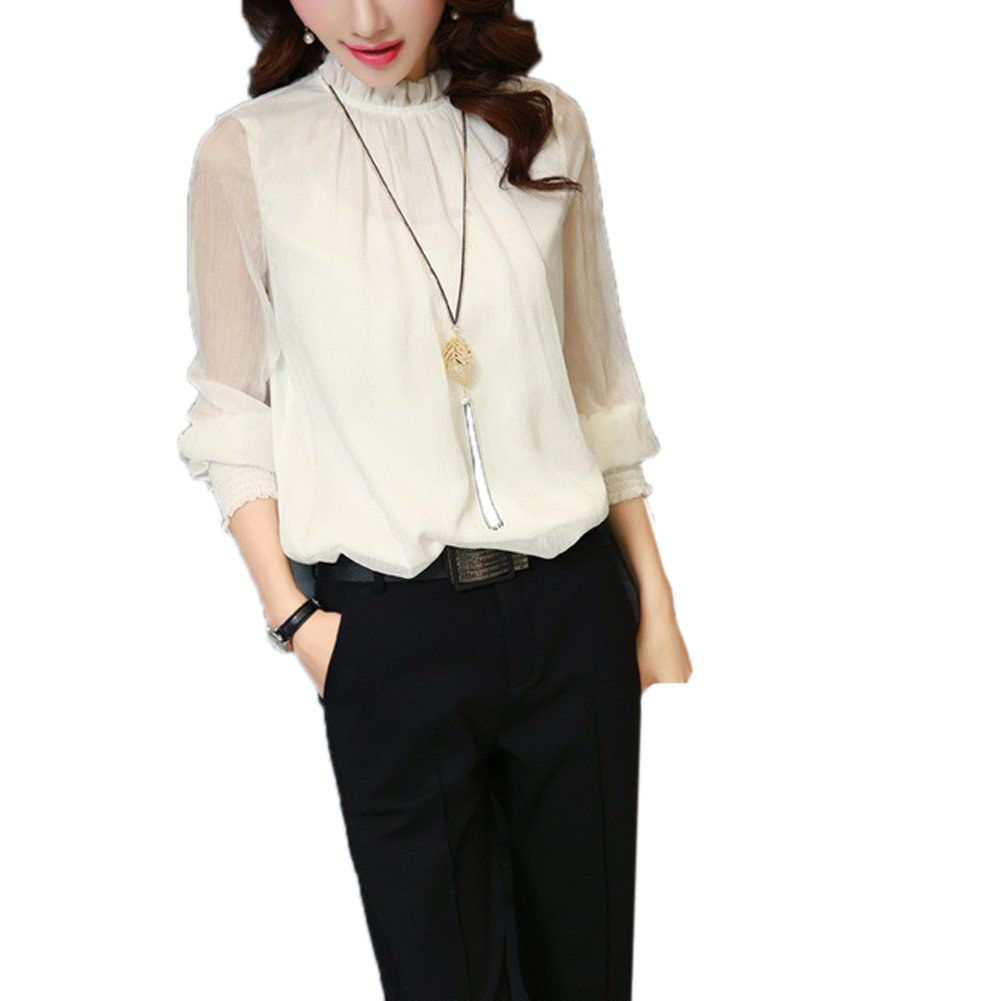 Womens Casual Chiffon Shirt Network Yarn Lotus Leaf Long Sleeve Blouse Tops (XL, White)