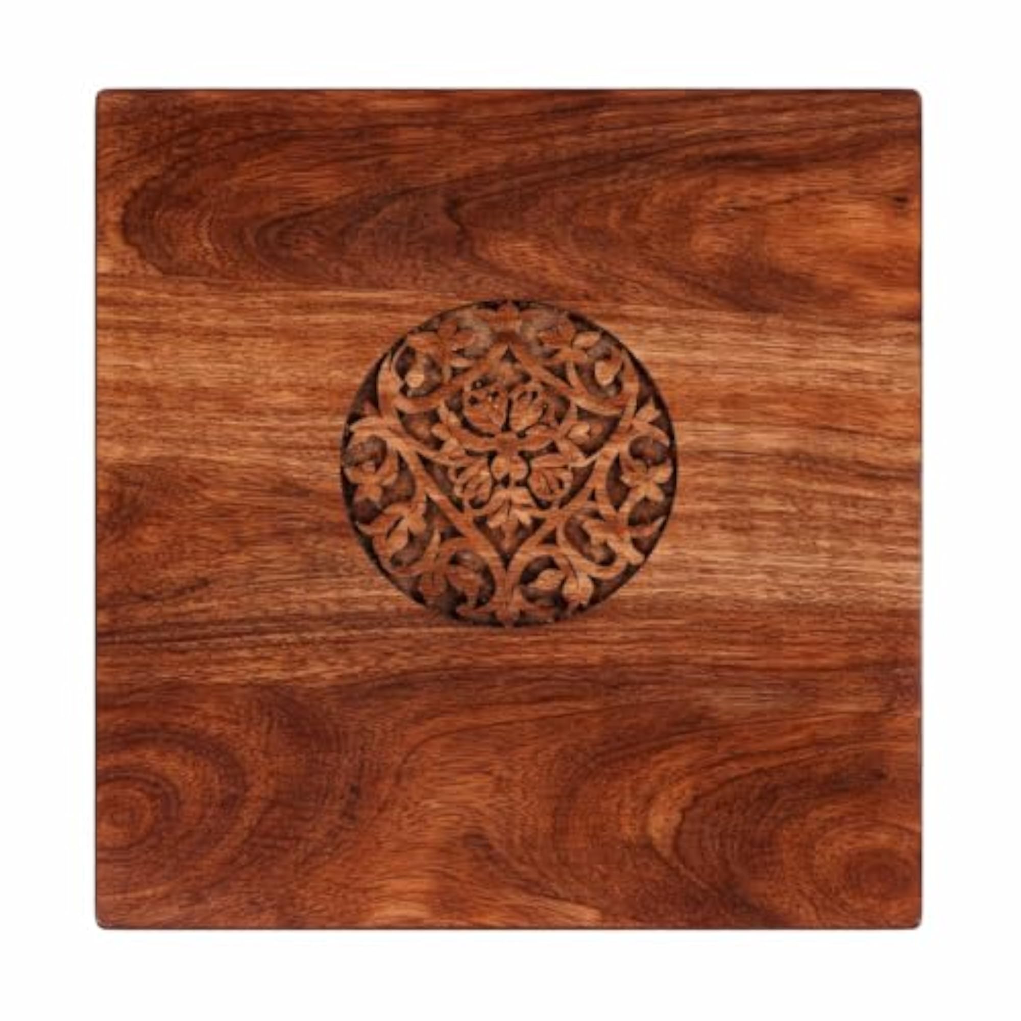 Solid Sheesham Wood Square Side Table with Hand Carved Mandala Top