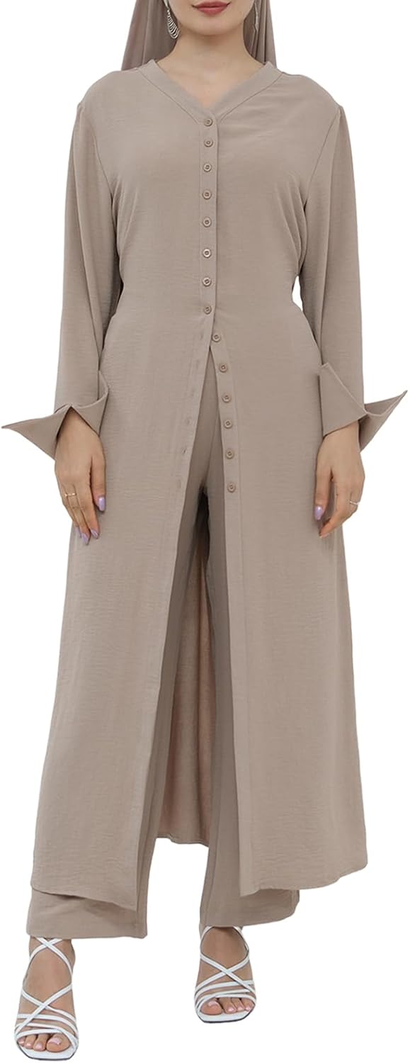 Women's Muslim 2 Pieces Sets Long Sleeve Button Down Shirt and Pants Eid Ramadan Abaya Casual Dress Dubai Outfits
