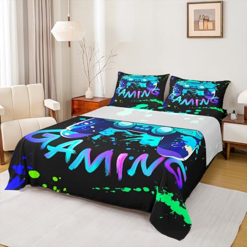 Manfei Youth Gaming Sheet Set Full Size Modern Gamer Bedding Set 4pcs with Deep Pocket Fitted Sheet + Flat Sheet + 2 Pillowcases Colorful Action Buttons Bed Sheet Set for Kids Boys Teens Room Decor