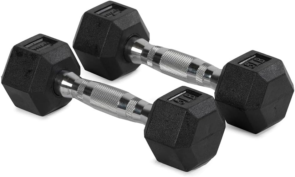 Titan Fitness 5 LB Pair Rubber Coated Hex Dumbbells, Roll-Resistant Hexagonal Free Weights, Chrome-Coated Handles with Knurling, Strength Training Equipment