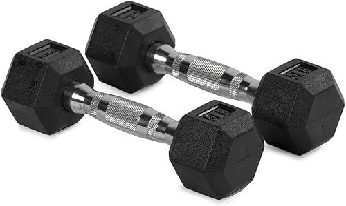 Titan Fitness Pair Rubber Coated Hex Dumbbells, Roll-Resistant Hexagonal Free Weights, Chrome-Coated Handles with Knurling, Strength Training