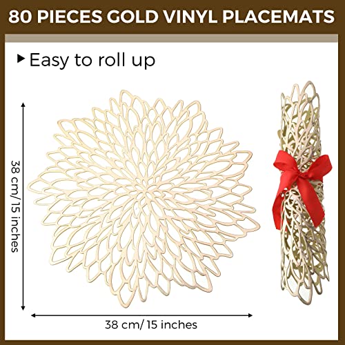 Round Pressed Vinyl Placemats Gold Metallic Hollow Out Leaf Flower Table Mats Decorative Wedding Accent Centerpiece Placemat For Holiday Party Reception Home Kitchen Dining Table (80 Pieces) #TOP1